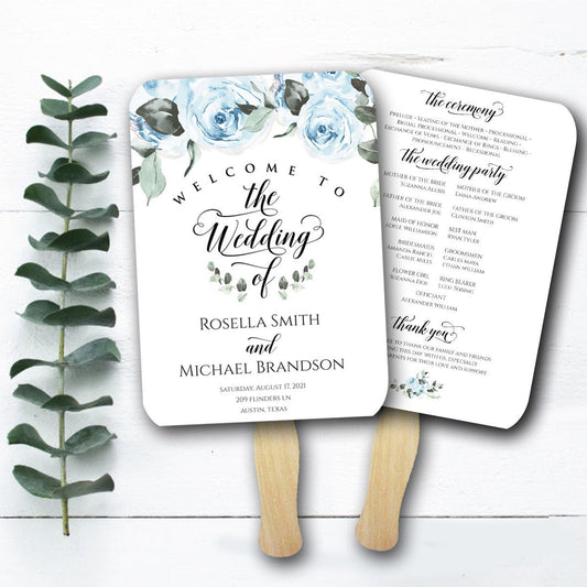 Wedding fan,wedding fan program, Dusty blue wedding program, ceremony program, greenery wedding fans, assembled