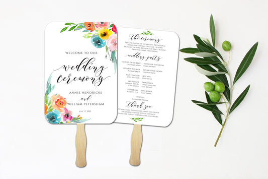 Colorful Wedding Program Fan, Printed and Assembled, Jewel tones, Bright Floral Wedding, Outdoor wedding fan, Rainbow