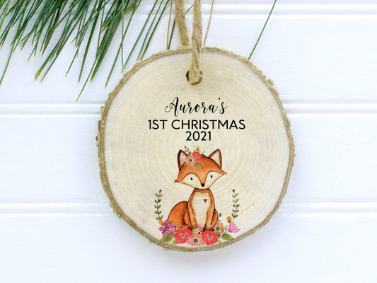 Baby's First Christmas woodland fox cut birch wood ornament, wood slice ornament