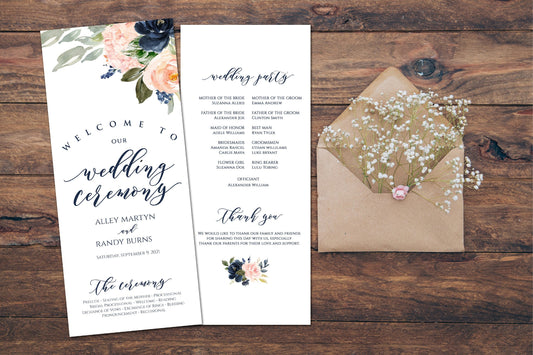 PRINTED Wedding Ceremony Program, Custom Program, Long, Tea Length, Order of Service, Navy and Blush, Country, Garden Watercolor Flowers