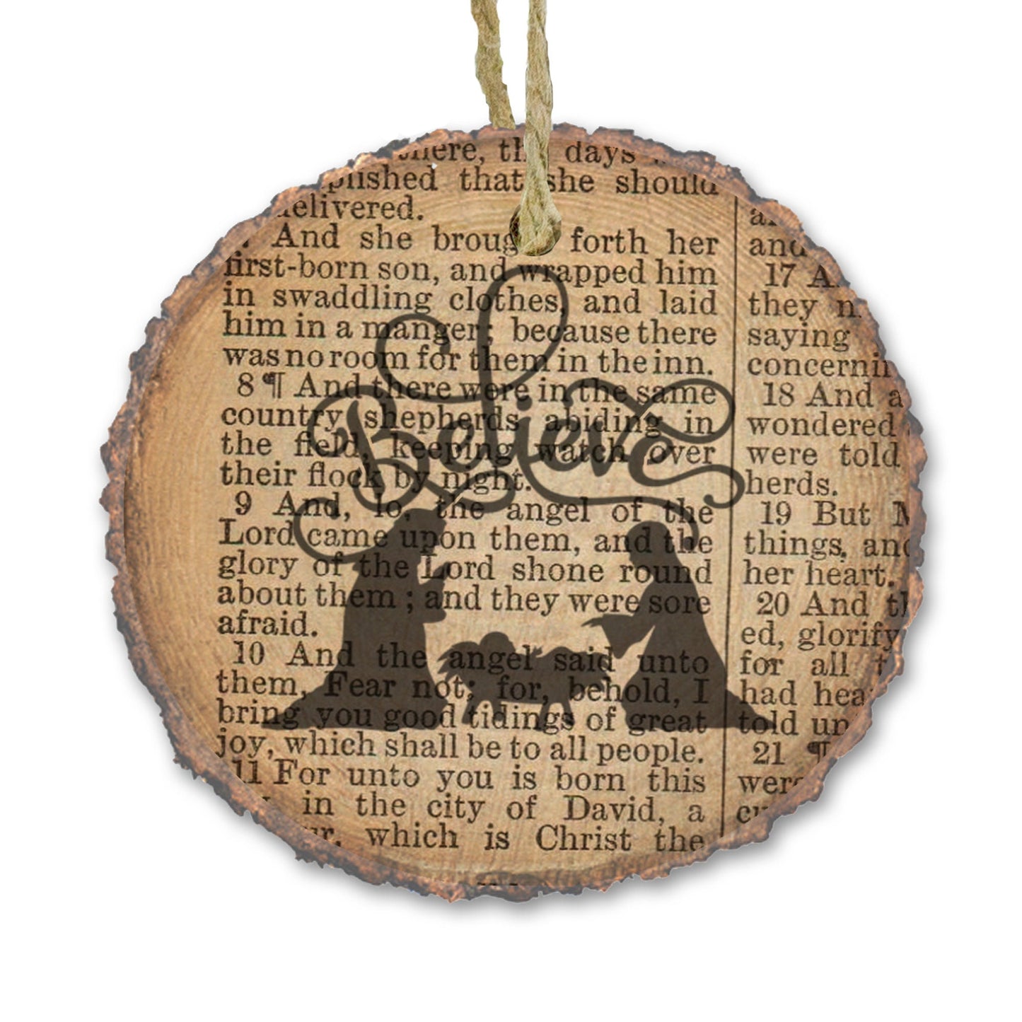 Birth of Christ Christmas Ornament, antique bible page, Bible Verse Ornament, Christian gift, Believe Nativity - Real Wood Slice