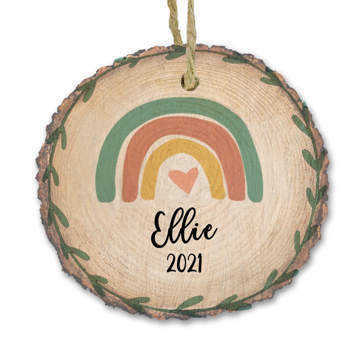 Personalized Boho Rainbow Wood slice ornament, Grandchild gift, Memory Keepsake