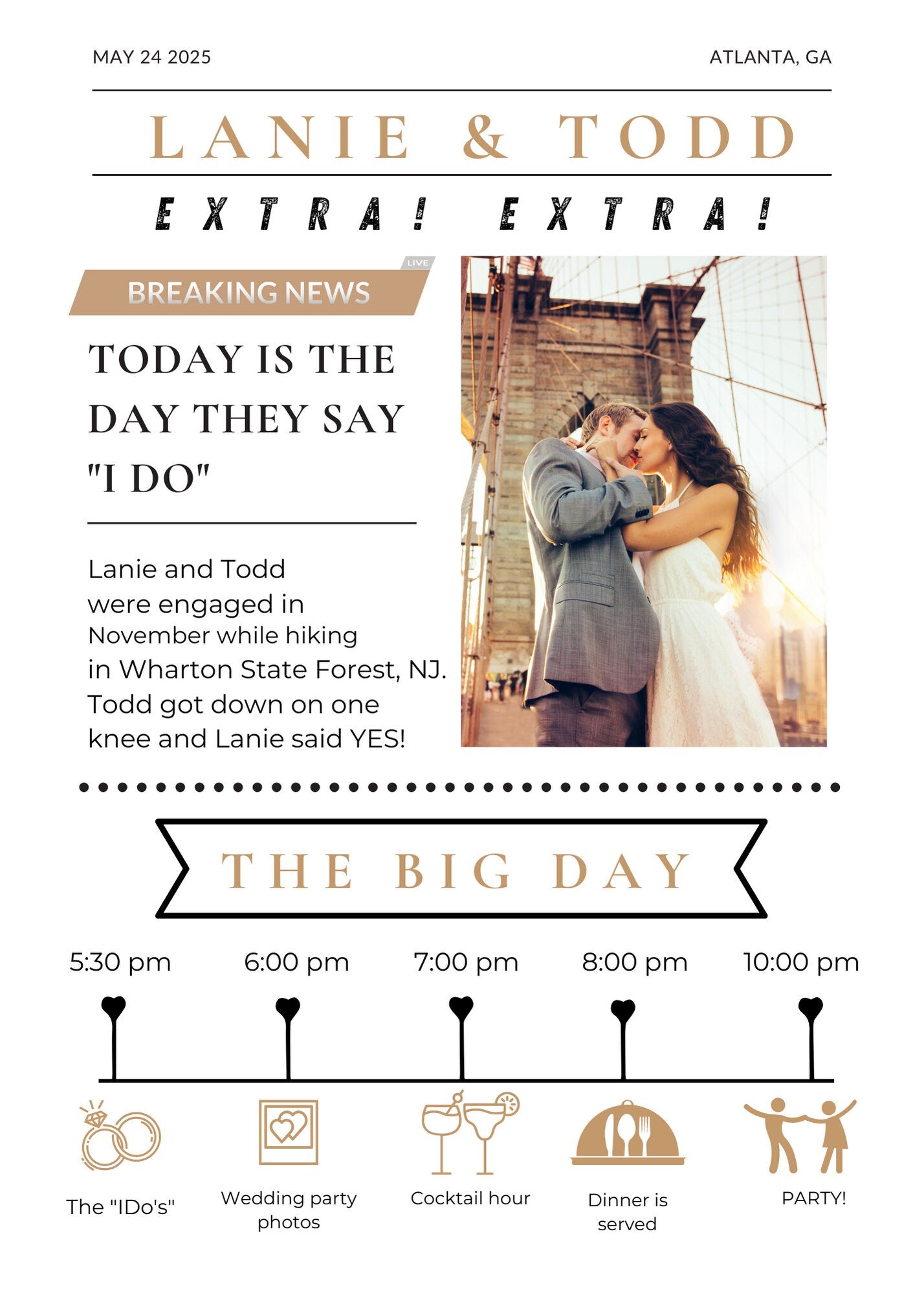 Newspaper Wedding Program, Fun Wedding Program, Wedding timeline, Editable template, Any colors - PRINTED