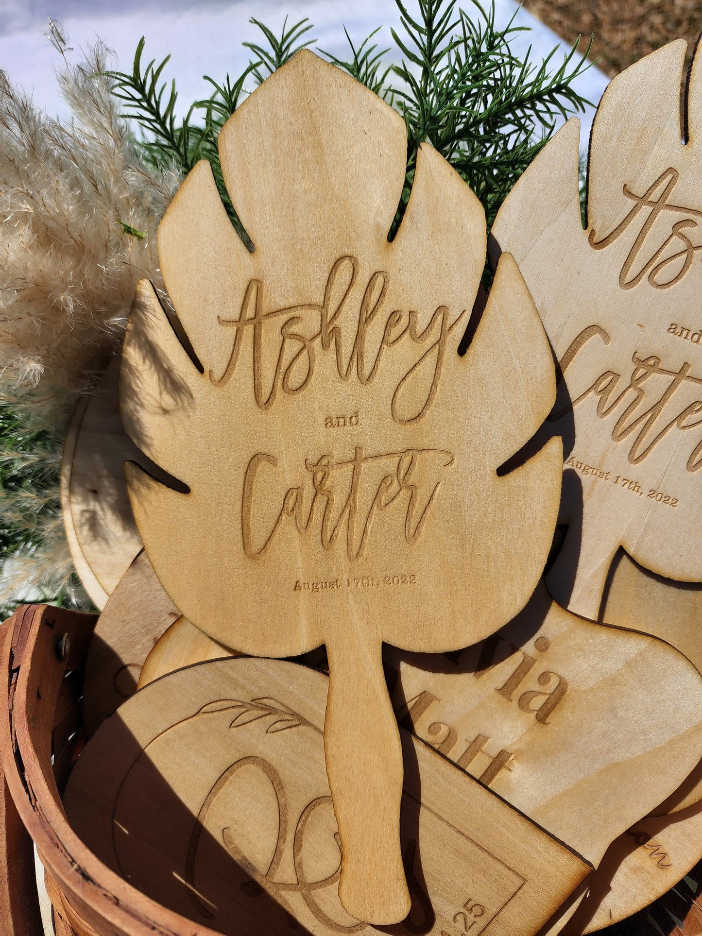 Wooden Hand Fans for Wedding or Event, Engraved Gift, Wedding fan favors, Outdoor ceremony fan-Monstera leaf