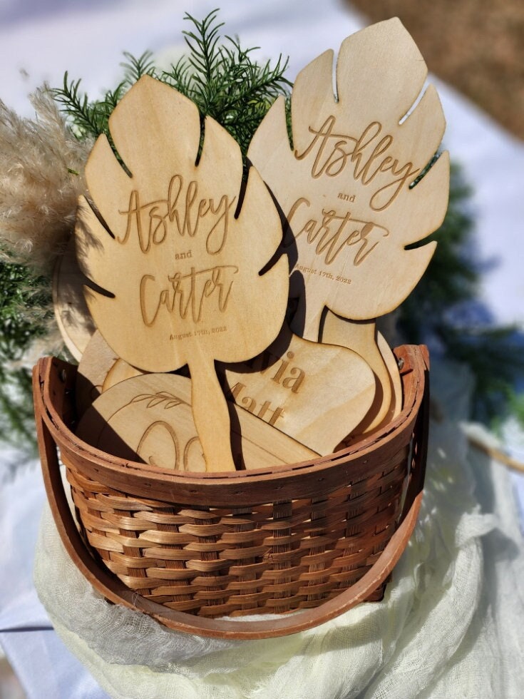 Wooden Hand Fans for Wedding or Event, Engraved Gift, Wedding fan favors, Outdoor ceremony fan-Monstera leaf