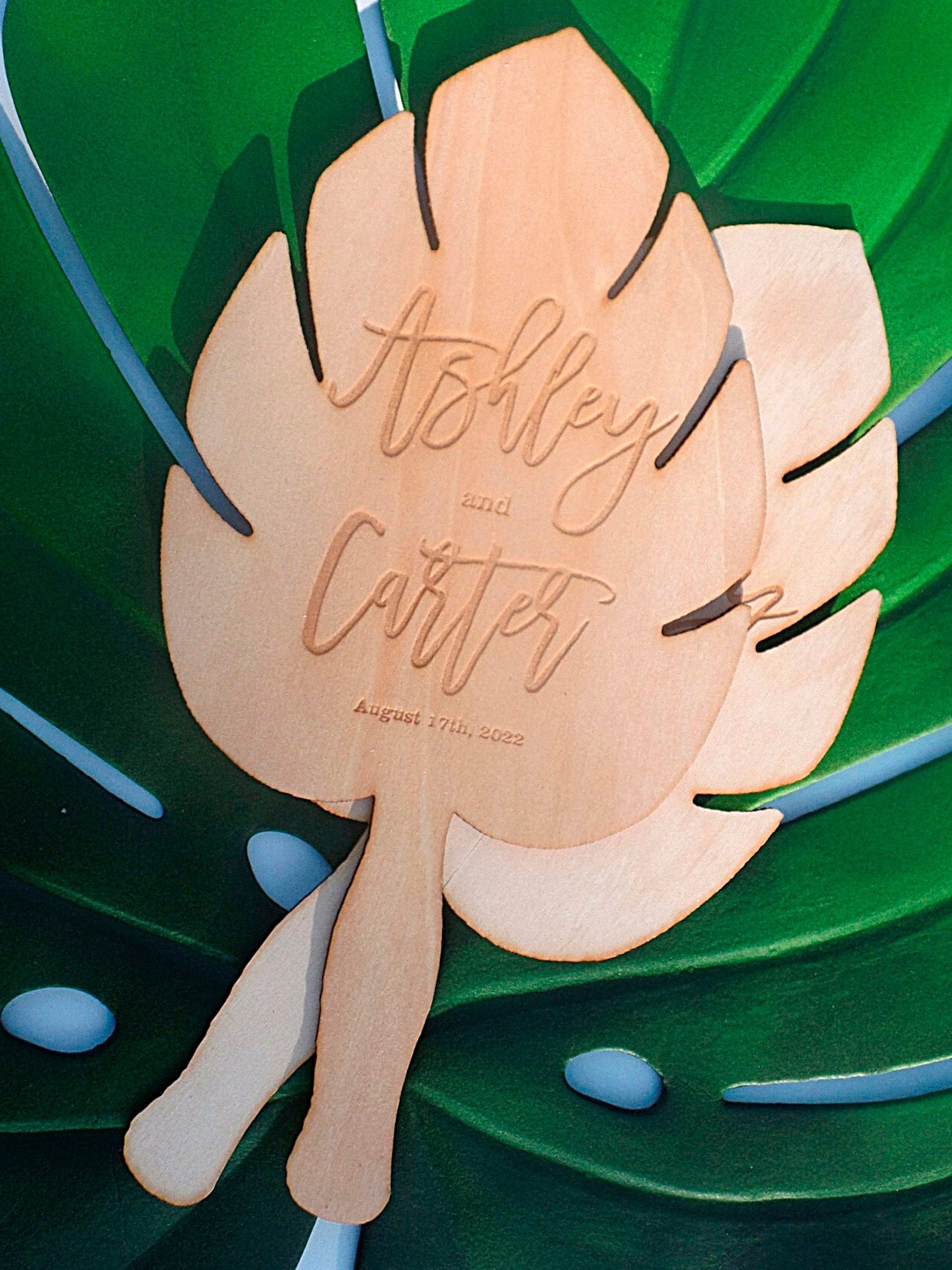 Wooden Hand Fans for Wedding or Event, Engraved Gift, Wedding fan favors, Outdoor ceremony fan-Monstera leaf