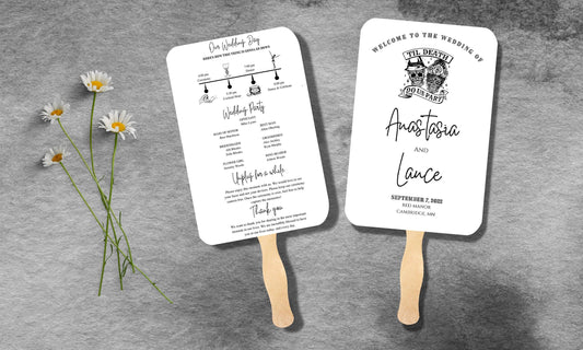 Til Death Wedding fan program, till death do us part, Wedding timeline itinerary, wedding favors, bridal shower, bride or die