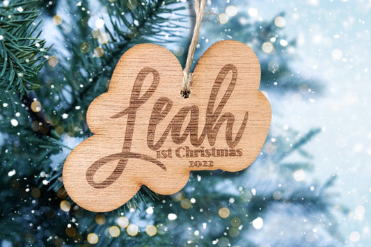 Personalized Christmas ornament, custom name engraved wood, baby's 1st Christmas, gift tag