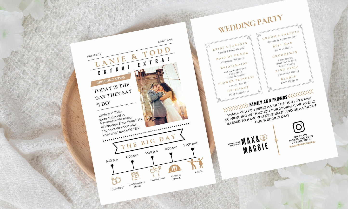 Newspaper Wedding Program, Fun Wedding Program, Wedding timeline, Editable template, Any colors - PRINTED