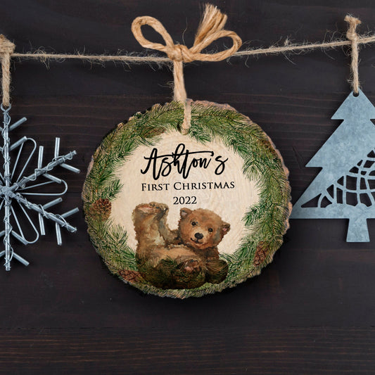 Baby's first Christmas ornament,Christmas ornament,Personalized Christmas ornament,Baby's first Christmas, cute bear, woodland, tree slice