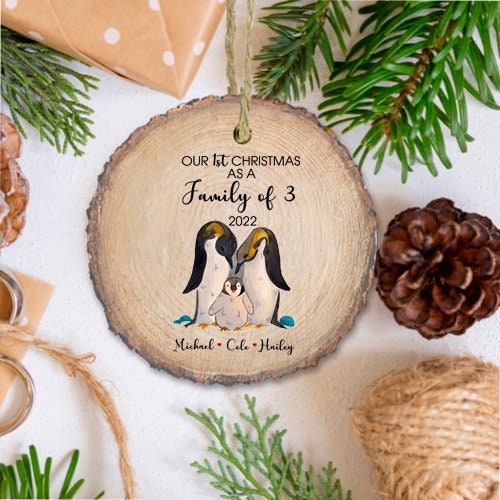 Our First Christmas as Mommy and Daddy Ornament, First Christmas as mom and dad, parent first Christmas Wood slice ornament,  Penguins