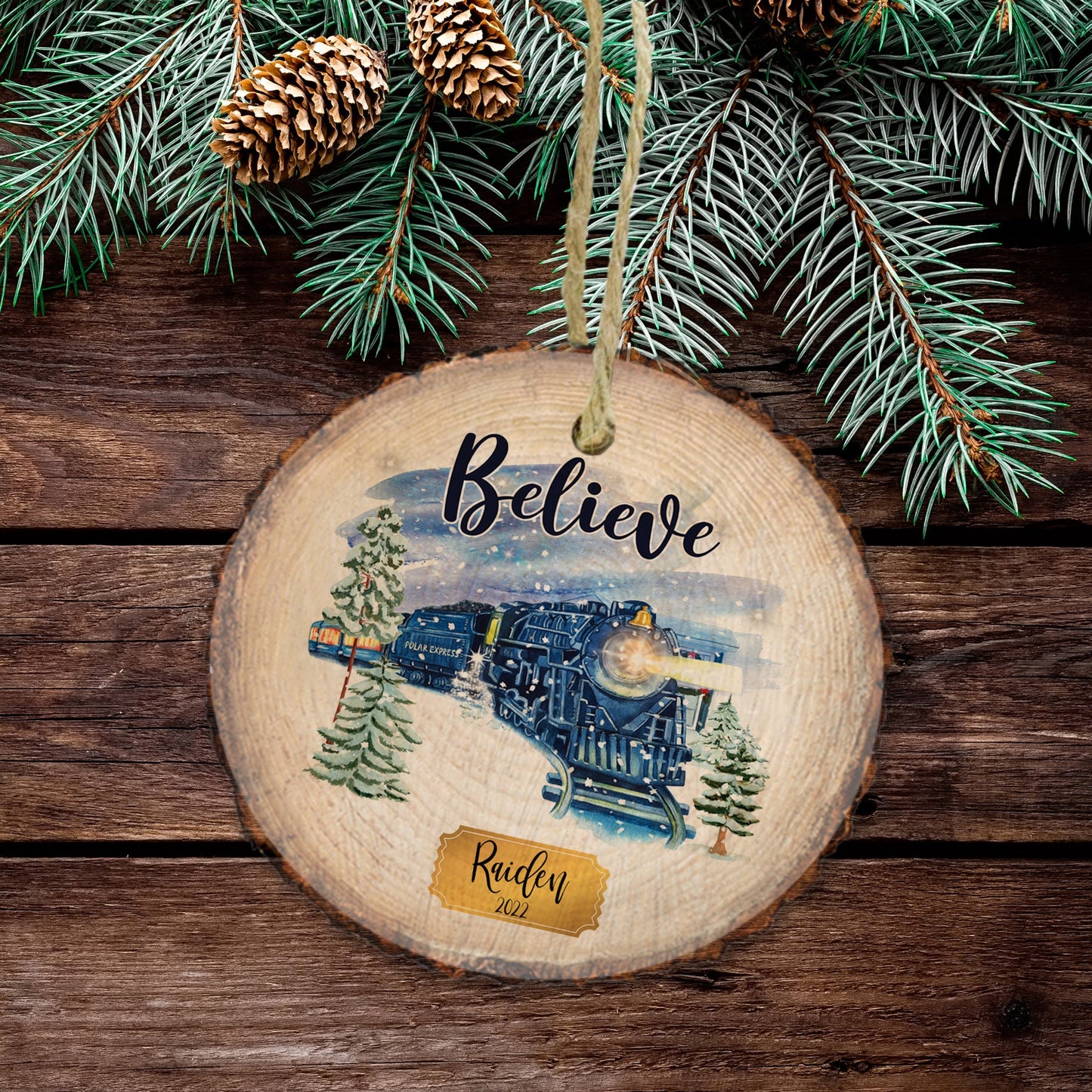 Personalized Polar Christmas Ornament, Believe train ticket stocking stuffer, Christmas gift present, kids ornament  - Real Wood Slice