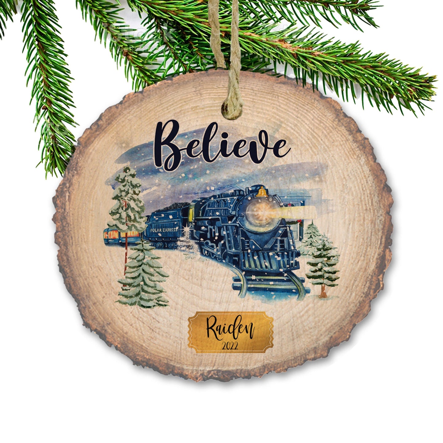 Personalized Polar Christmas Ornament, Believe train ticket stocking stuffer, Christmas gift present, kids ornament  - Real Wood Slice